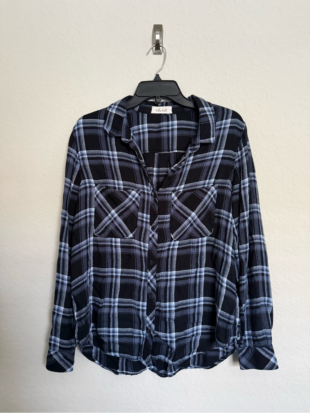 Bella Dahl Blue Plaid Flannel Button Up Shirt Size Large Granola Girl Cabincore